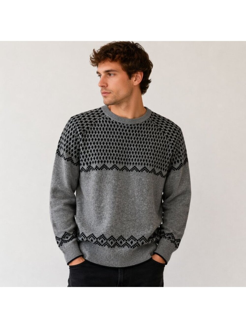 Goodthreads 100% Lambswool Sweater Gray Black Pattern Men’s Size M Cozy